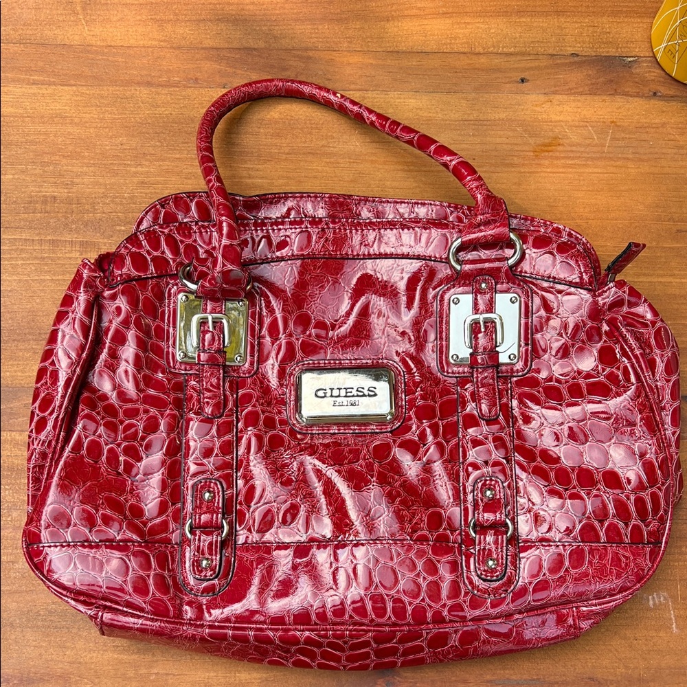 Guess Glossy Red Embossed Satchel